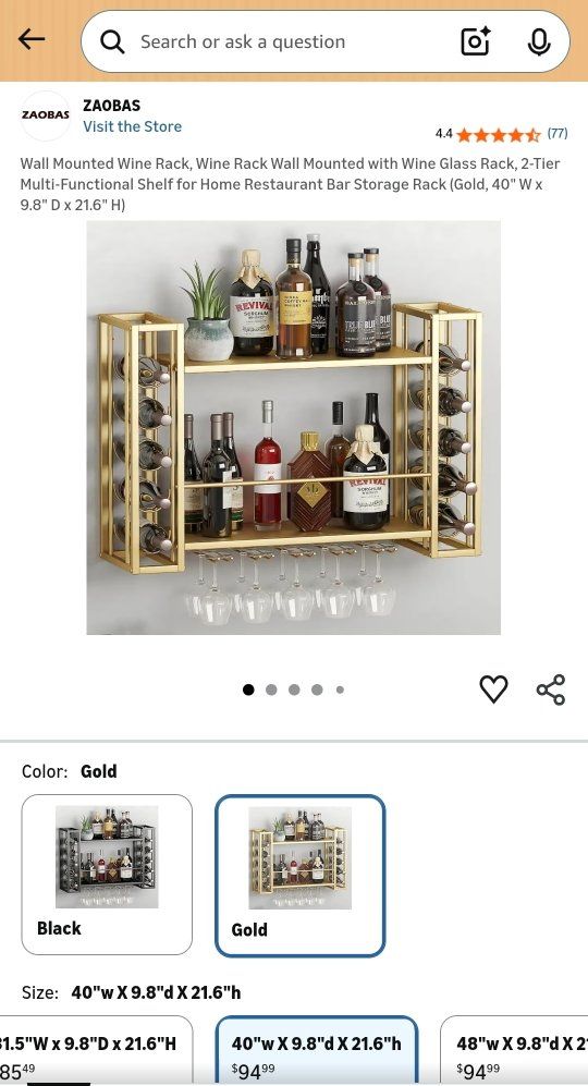 ZAOBAS Wall Mounted Wine Rack with Glass Holder, 2-Tier Multi-Functional Bar Storage Shelf, Gold, 40"W