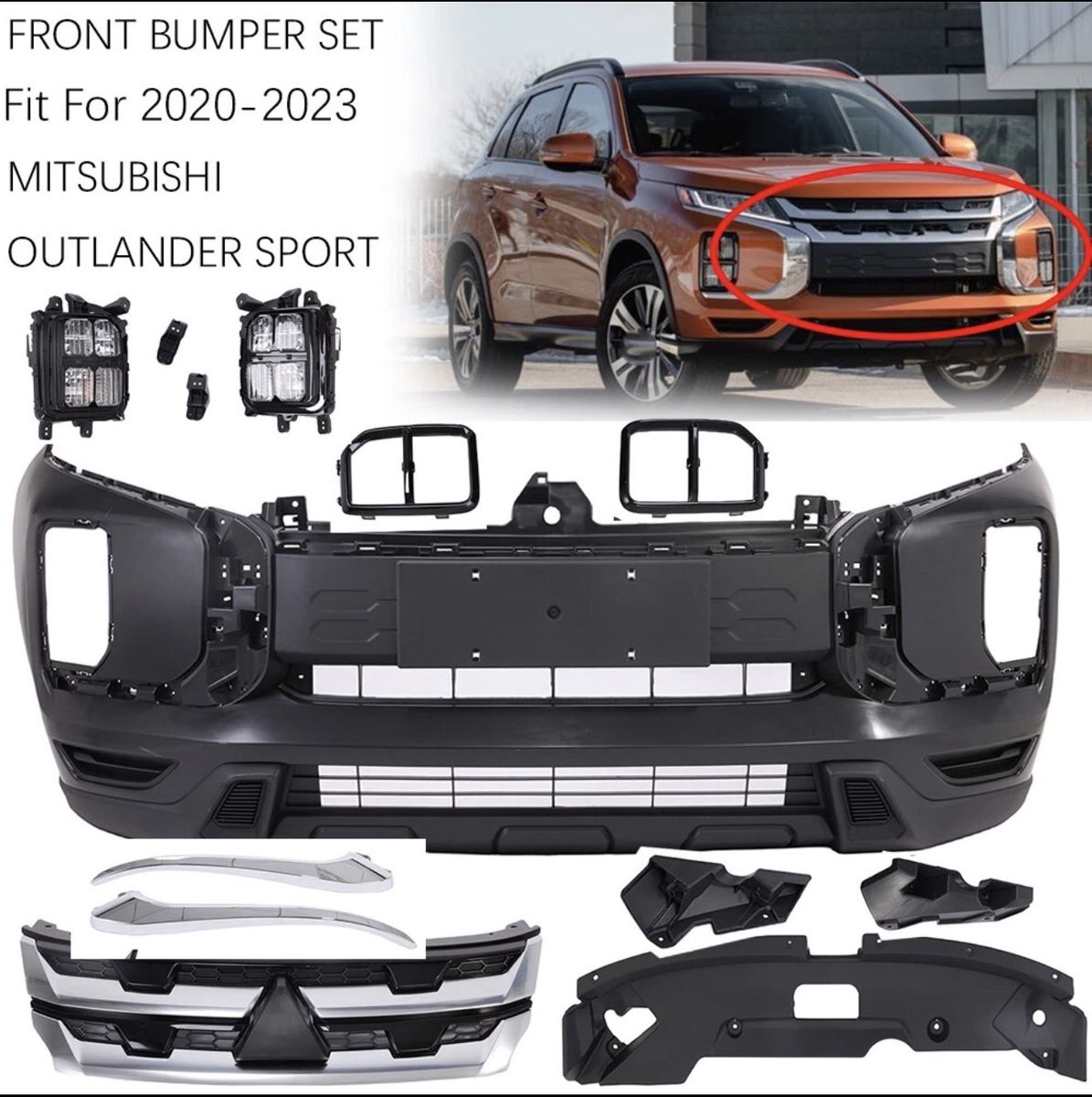 Front Bumper Set for 2020-2023 Mitsubishi Outlander Sport - Plastic, OEM: 62022W030P, MI1000351