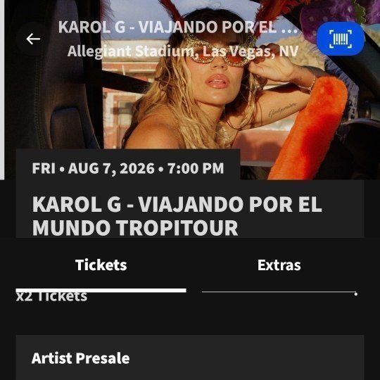 Karol G - Viajando Por El Mundo Tropitour Tickets (2) - Las Vegas 8/7/26
