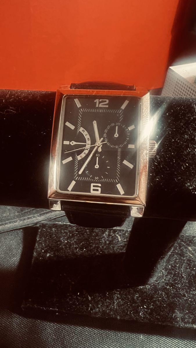 Rectangle Rectangular Black Dial Watch with Leather Band