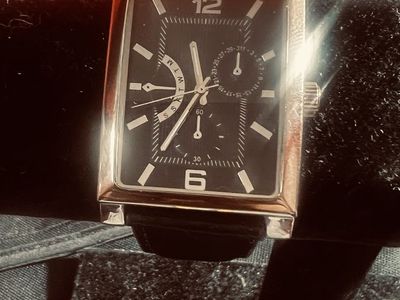 Rectangle Rectangular Black Dial Watch with Leather Band