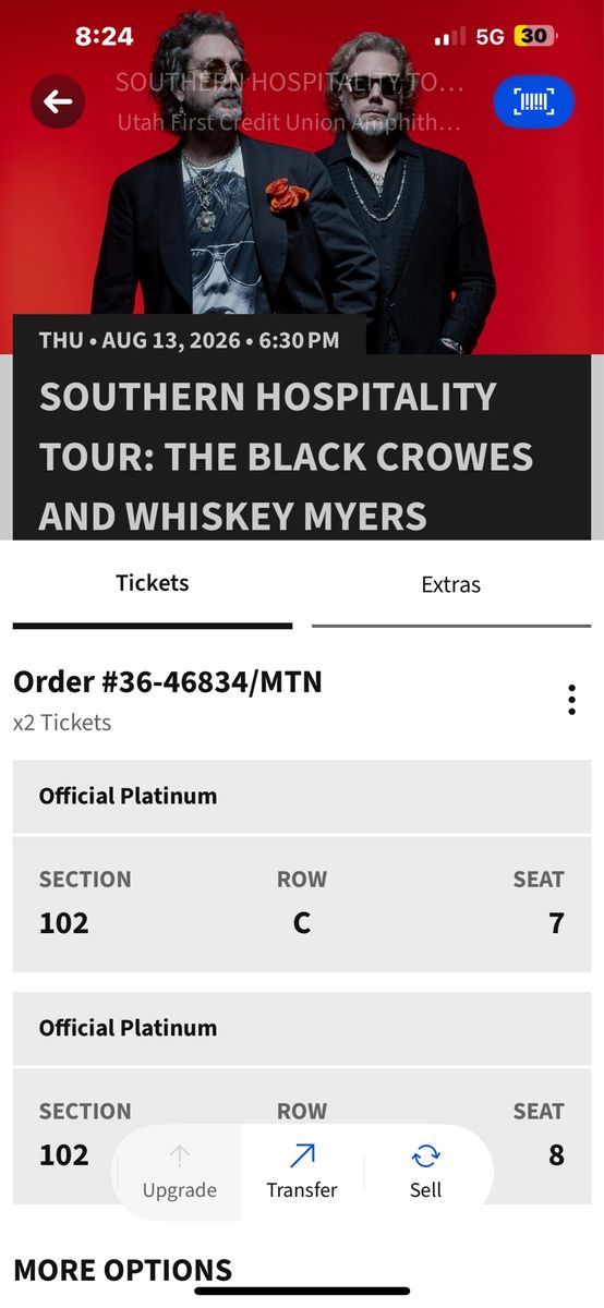 Black Crowes Whiskey Meyers Tickets front and center 2nd row 