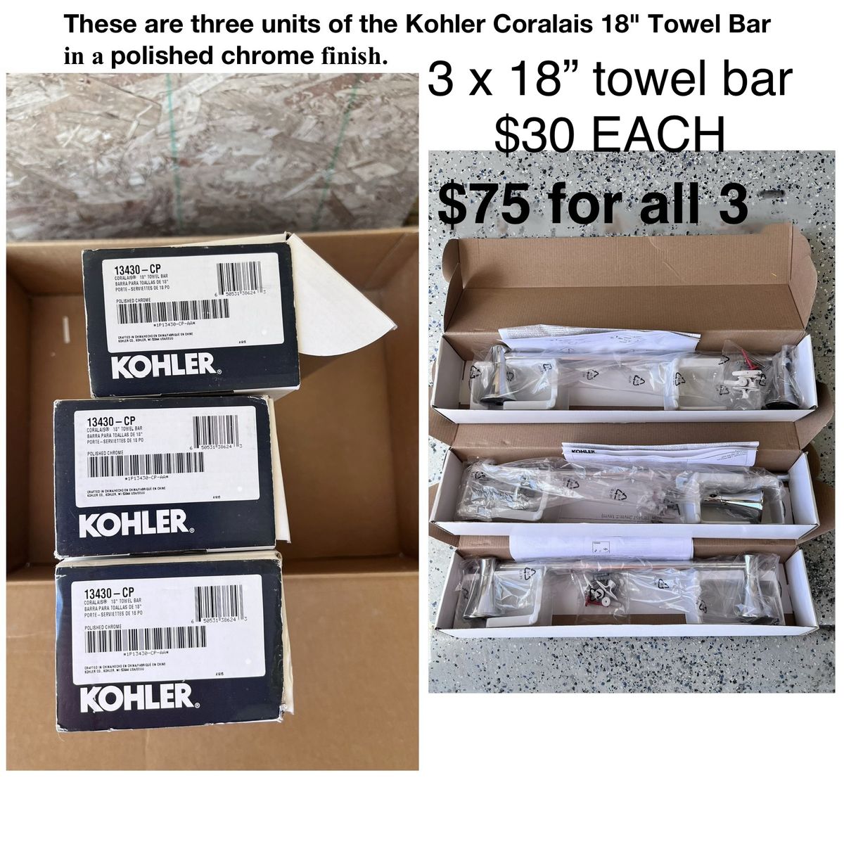 3x Kohler Coralais 18" Towel Bar Polished Chrome - Model 13430-CP - New in Box Bathroom Hardware