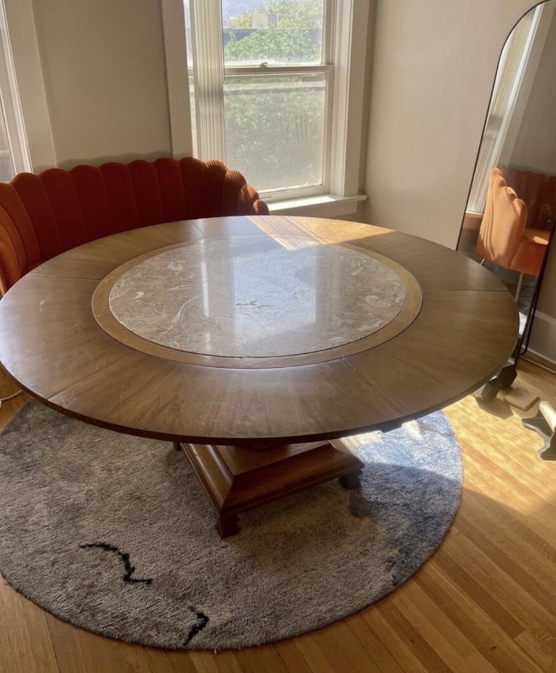 Vintage unique round table with outer leaves and natural stone center