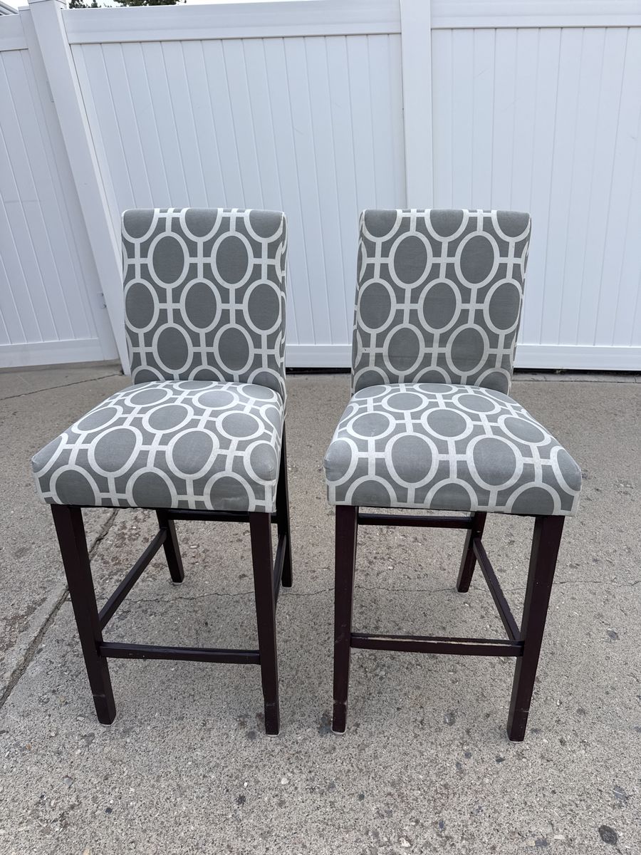 Pair of Modern Grey Geometric Pattern Upholstered Counter Height Bar Stools