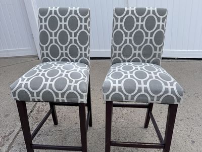 Pair of Modern Grey Geometric Pattern Upholstered Counter Height Bar Stools