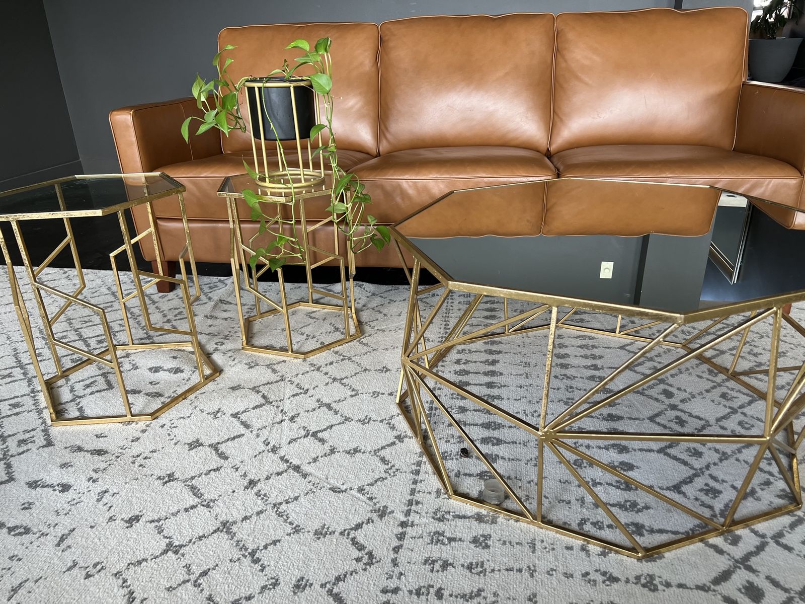 Geometric Gold Metal & Glass Coffee Table Set - Modern Hexagon Design