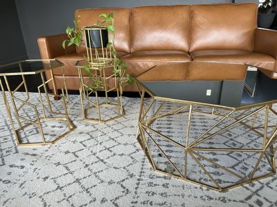 Geometric Gold Metal & Glass Coffee Table Set - Modern Hexagon Design