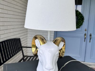 Ceramic Ram Head Table Lamp w/ Gold Horns & White Shade