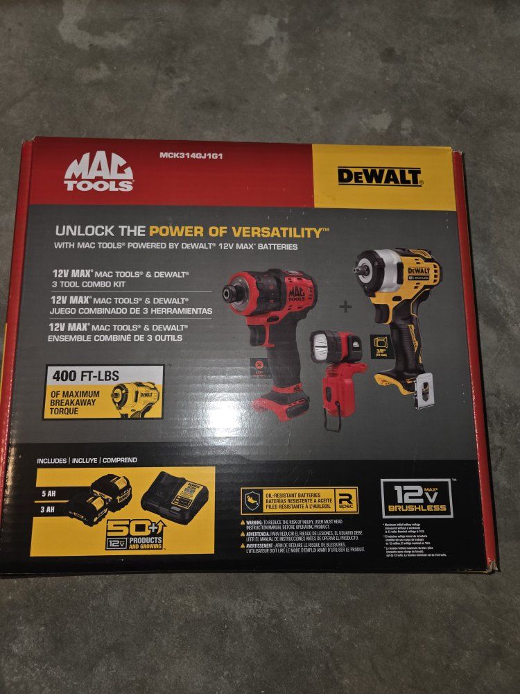 "DeWalt Powered Mac Tools 12V MAX 3-Tool Combo Kit - 400 Ft-Lbs Impact + 5Ah & 3Ah Batteries