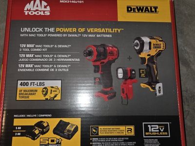 "DeWalt Powered Mac Tools 12V MAX 3-Tool Combo Kit - 400 Ft-Lbs Impact + 5Ah & 3Ah Batteries