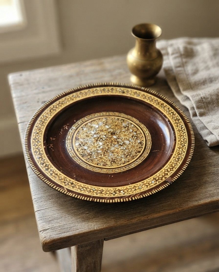 Hand-Inlaid Decorative Wood+Pearl Hanging Plate - Middle Eastern Craftsmanship