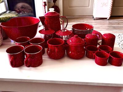 24 Pc Red Specled Camping Dish Set