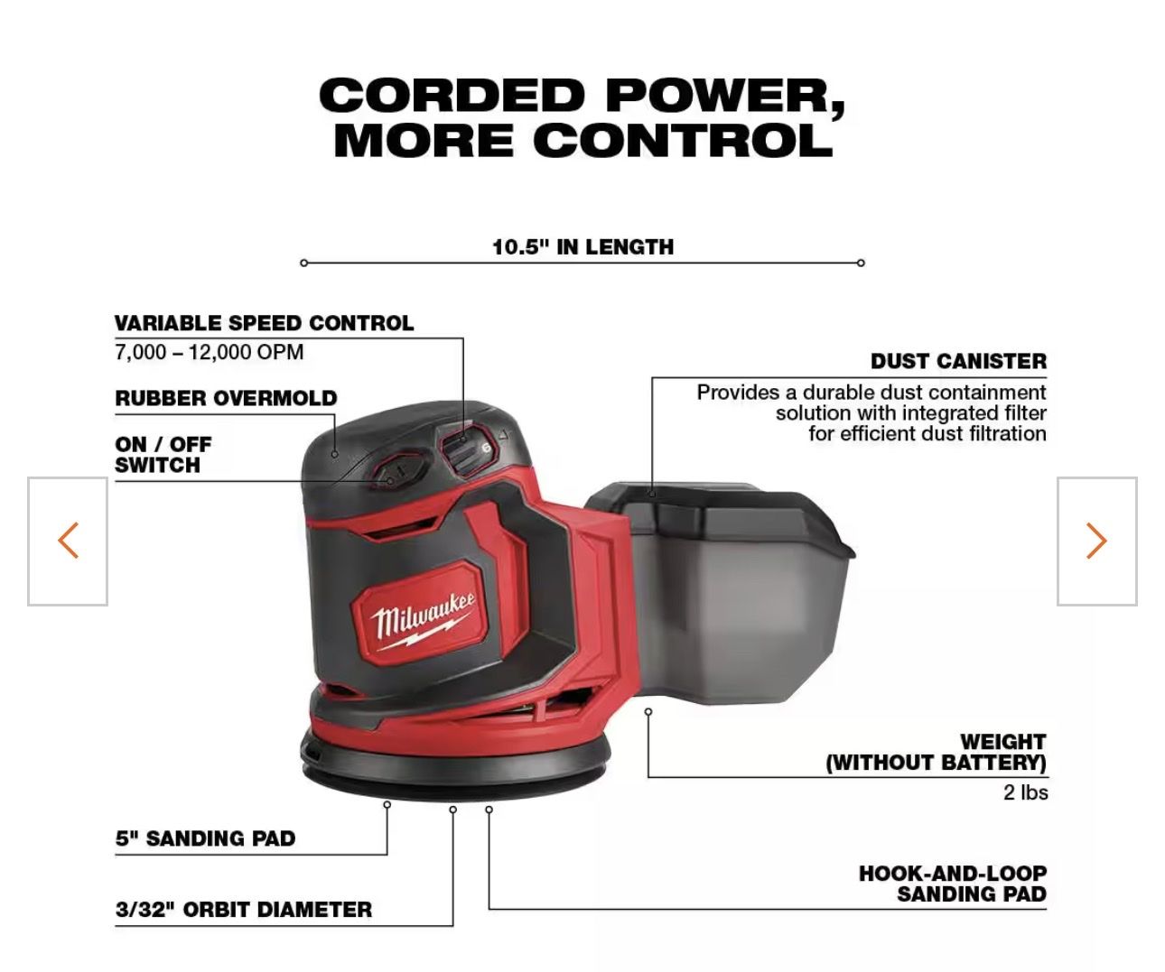 Milwaukee M18 5-Inch Random Orbit Sander with Dust Canister