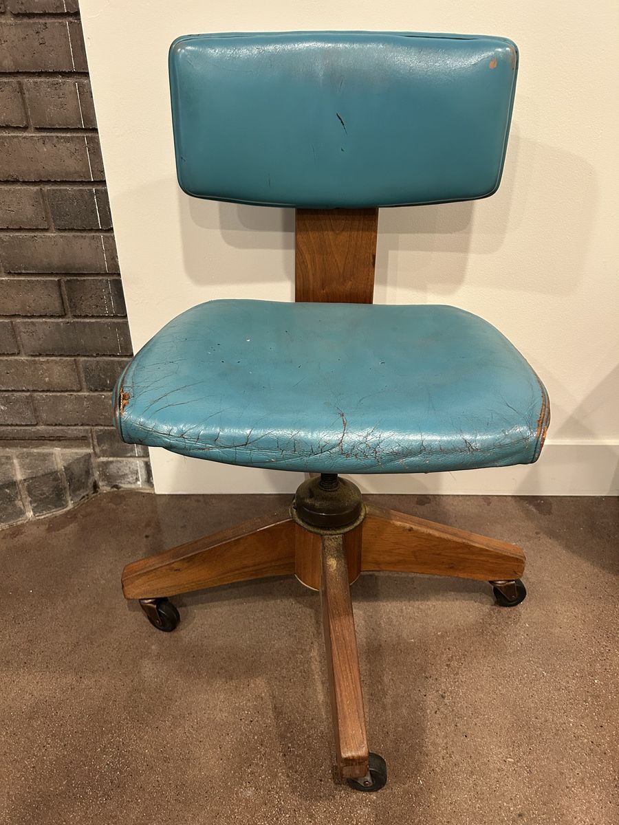 Vintage Mid-Century Modern Swivel Office Chair, Teal Upholstery, Wooden Base