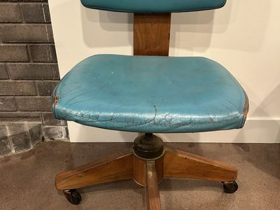 Vintage Mid-Century Modern Swivel Office Chair, Teal Upholstery, Wooden Base