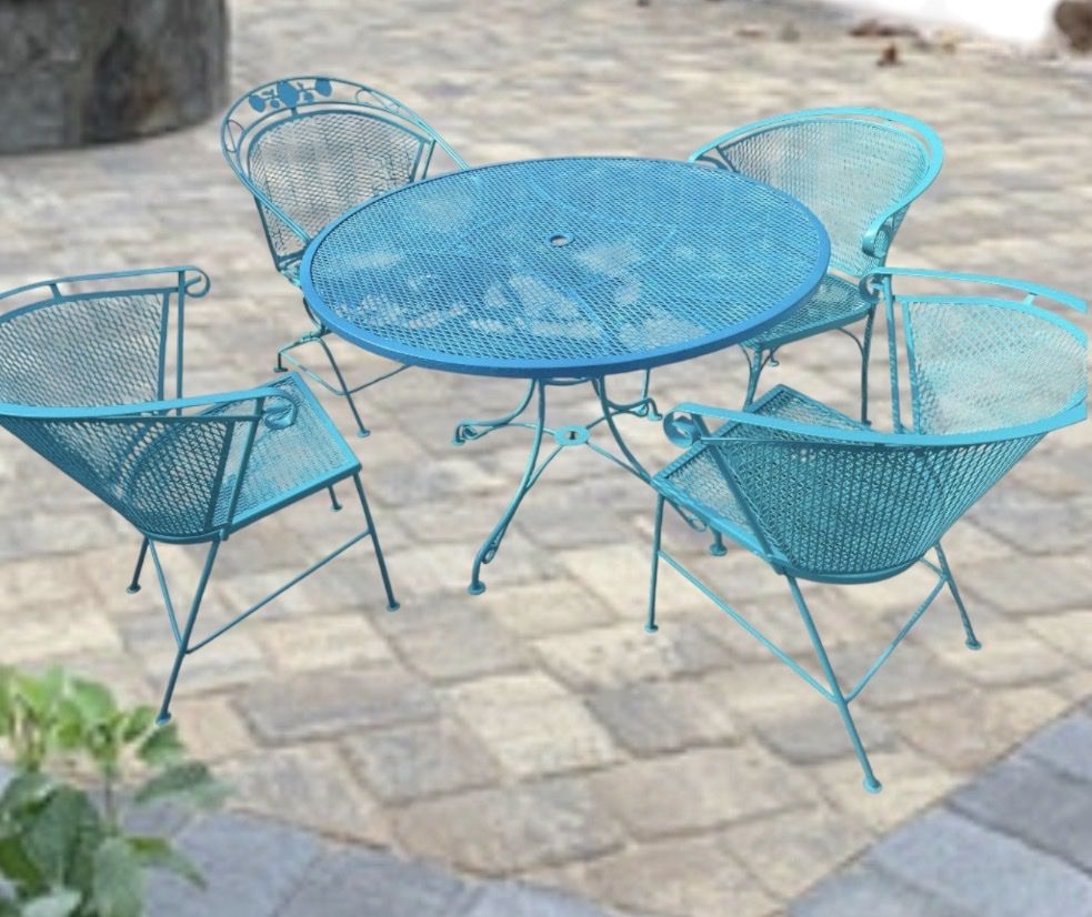 Vintage Mid-Century Modern Metal Mesh Patio Dining Set - 5 Piece, Turquoise Blue