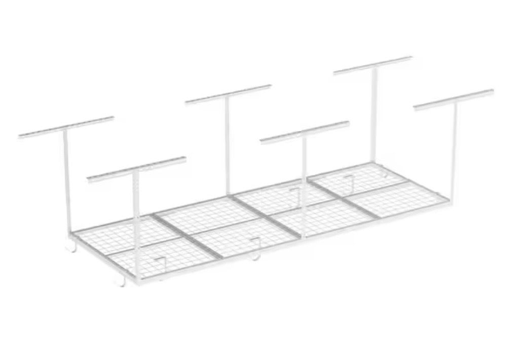 OHK Series 36 in. W x 96 in. D x 22-40 in. H White Ceiling Mounted Overhead Garage Storage Rack with Accessory Hooks