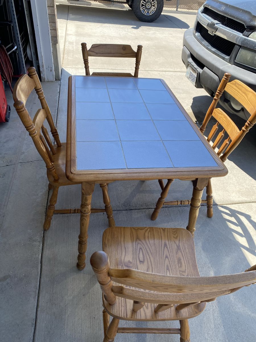 Oak Tile Top Dining Table with 4 chairs  - Compact & Durable. 48” long x 30” wide