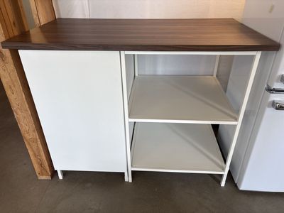 ENHET Modern White & Wood Grain Kitchen Island with Storage & Shelves - Versatile & Stylish