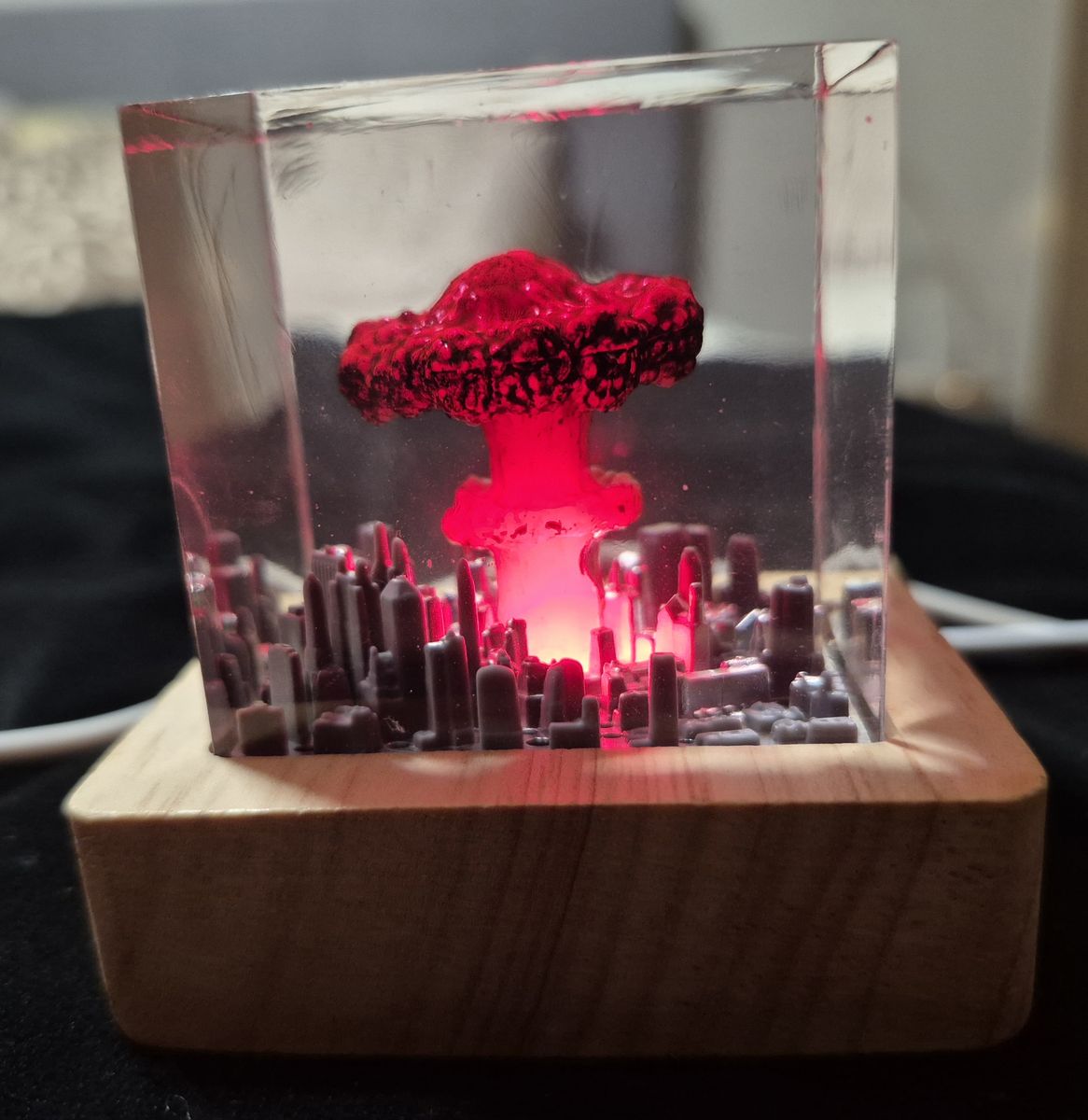 Red Nuclear Bomb Night Light w/ Cityscape, Unique Resin Lamp, Handmade Home Decor