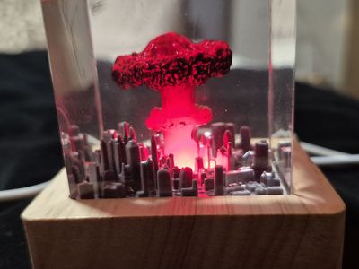 Red Nuclear Bomb Night Light w/ Cityscape, Unique Resin Lamp, Handmade Home Decor