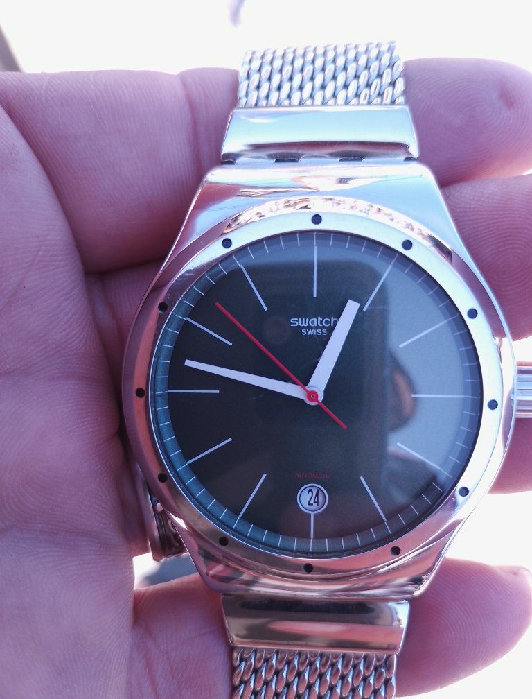 Swatch Automatic Swiss Watch - Black Dial, Stainless Steel Mesh Band, Date Feature