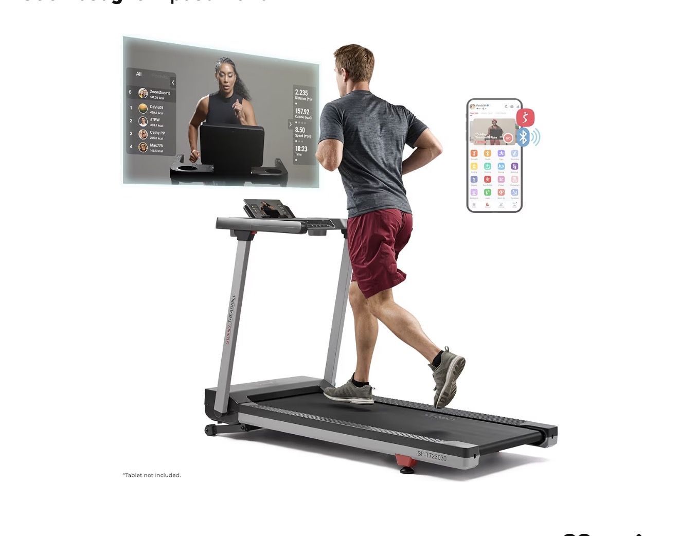 New Sunny Health & Fitness Fully Assembled OneClick-Fold 20" Smart Treadmill with Auto Incline