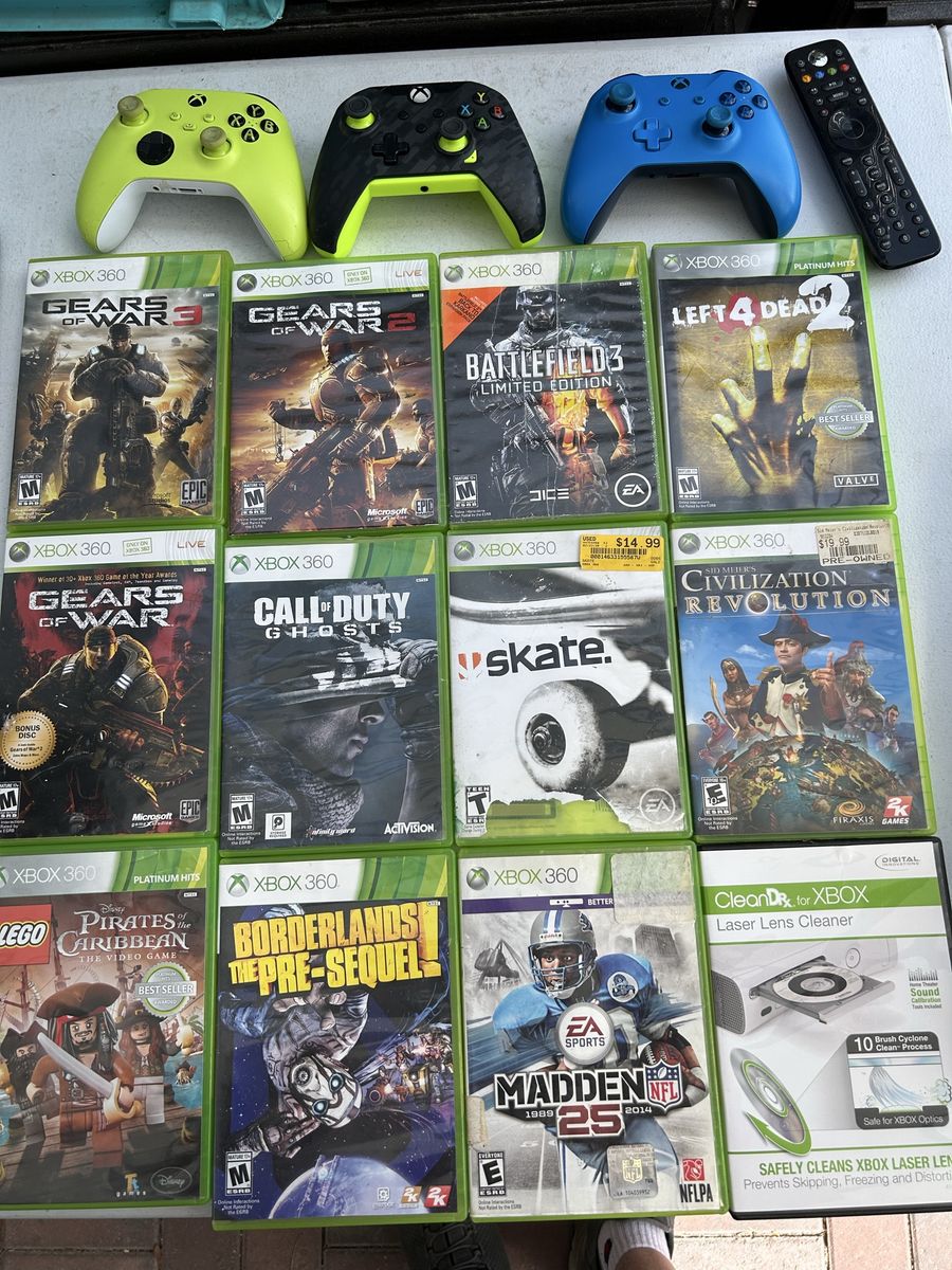 Lot of 11 Xbox 360 Games, 3 Controllers Laser Lens Cleaner Disc and Remote, See Pictures For Titles