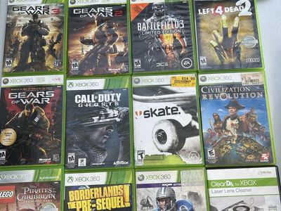 Lot of 11 Xbox 360 Games, 3 Controllers Laser Lens Cleaner Disc and Remote, See Pictures For Titles