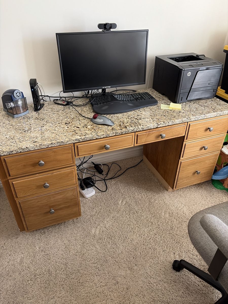 Wooden Office Desk with Multiple Drawers and Granite Top
