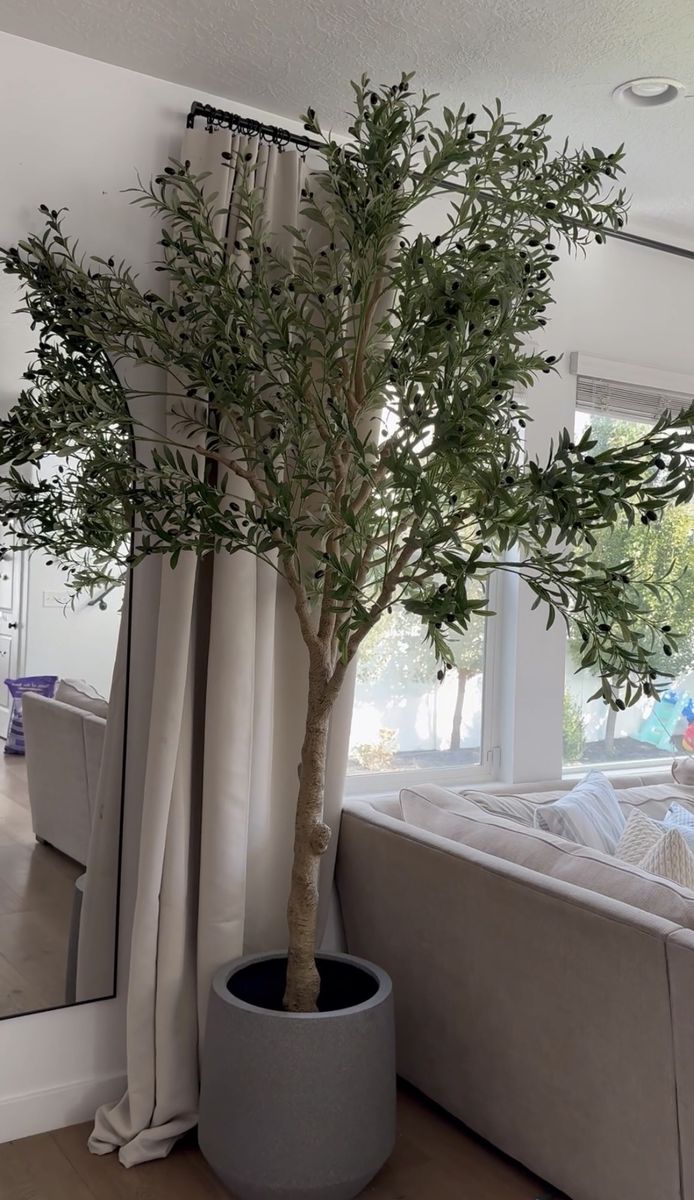 Large Artificial Olive Tree - 9 ft Tall Faux Plant with Olives in Grey Pot