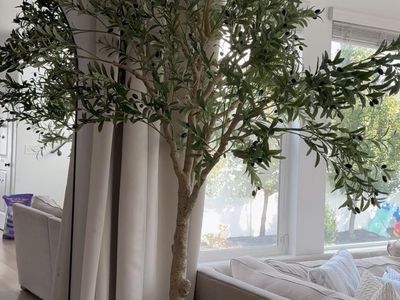 Large Artificial Olive Tree - 9 ft Tall Faux Plant with Olives in Grey Pot
