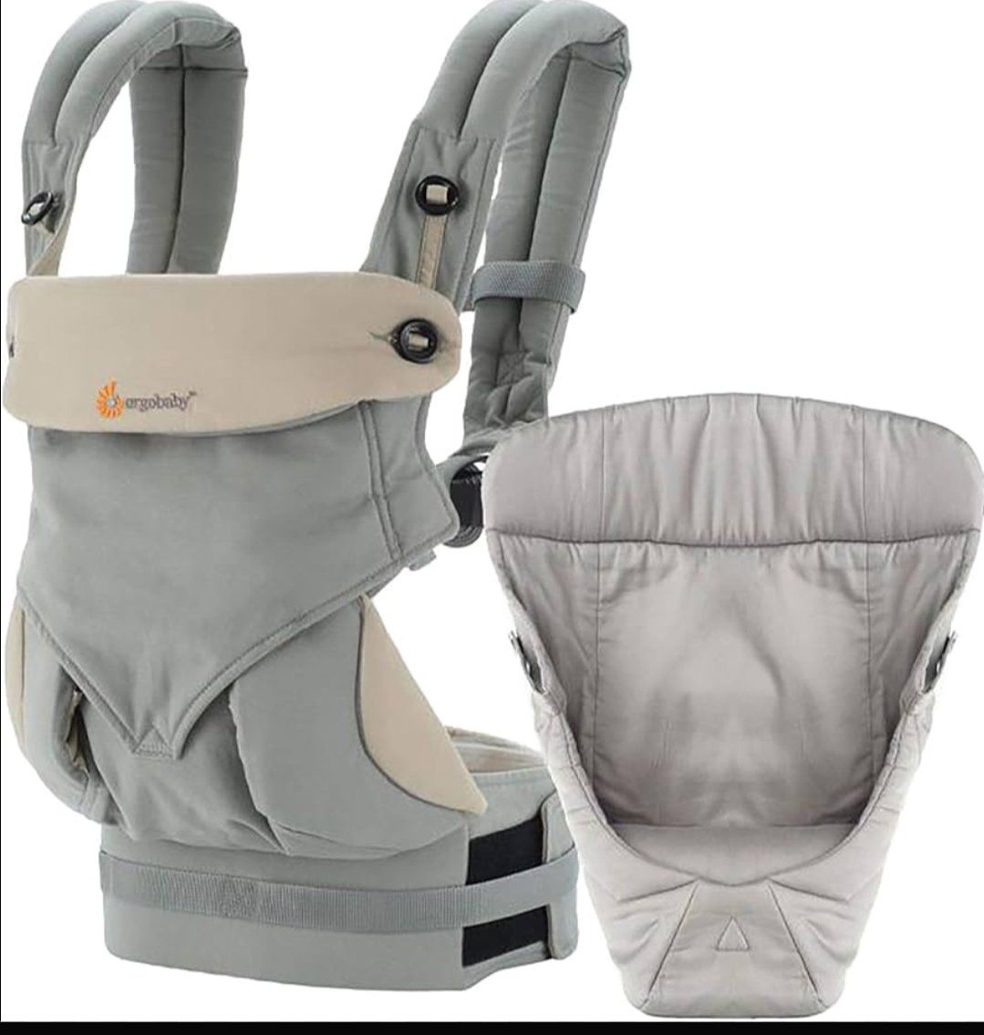 Ergobaby Four Position 360 Baby Carrier in grey with an accompanying infant insert.