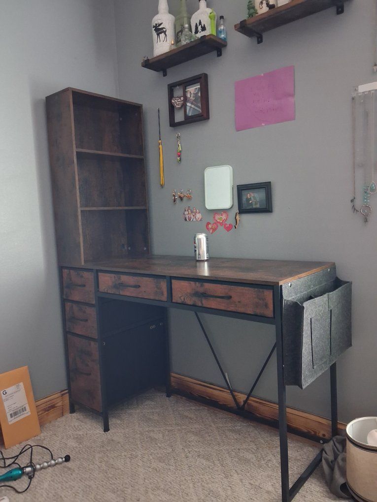 Industrial Style Computer Desk with Bookshelf and Drawers - Home Office Furniture