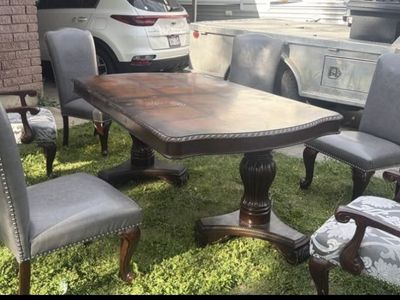 Ornate Wood Dining Table with 6 Chairs - 2 Captains, 4 Side Chairs - Grey Upholstery