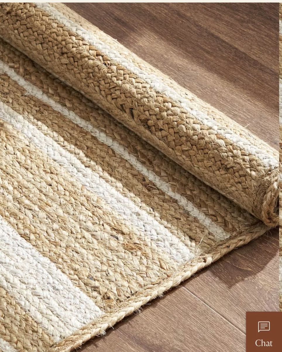 New. 8x10 Handwoven Striped Jute Area Rug - Natural & White Braided Runner, Eco-Friendly Floor Decor