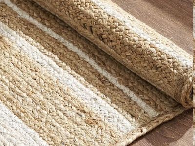 New. 8x10 Handwoven Striped Jute Area Rug - Natural & White Braided Runner, Eco-Friendly Floor Decor
