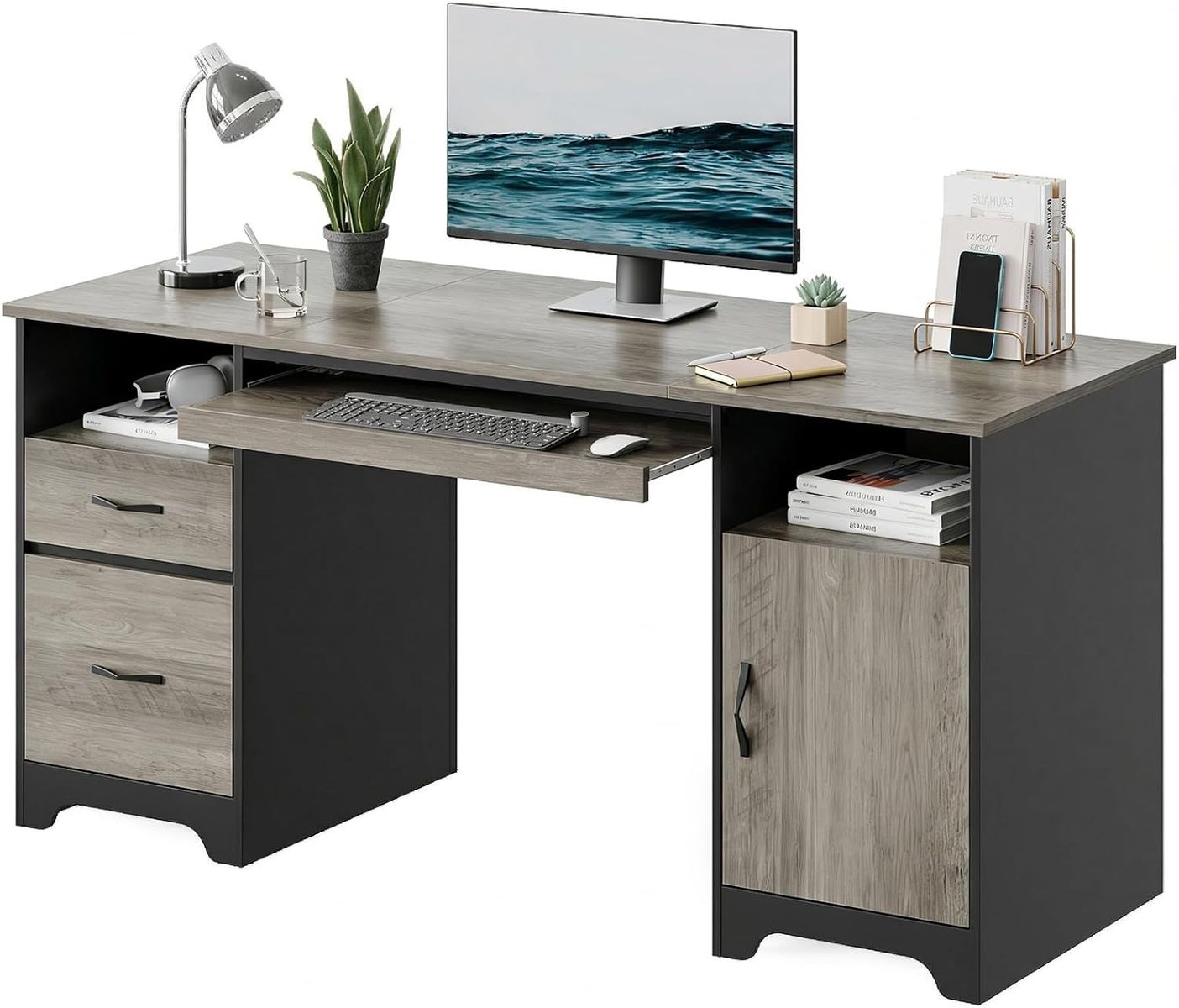 Bestier 59" Executive Computer Desk with Drawers, Storage Cabinet & Keyboard Tray - Gray - New in Box