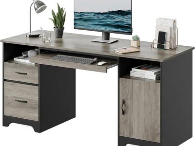Bestier 59" Executive Computer Desk with Drawers, Storage Cabinet & Keyboard Tray - Gray - New in Box