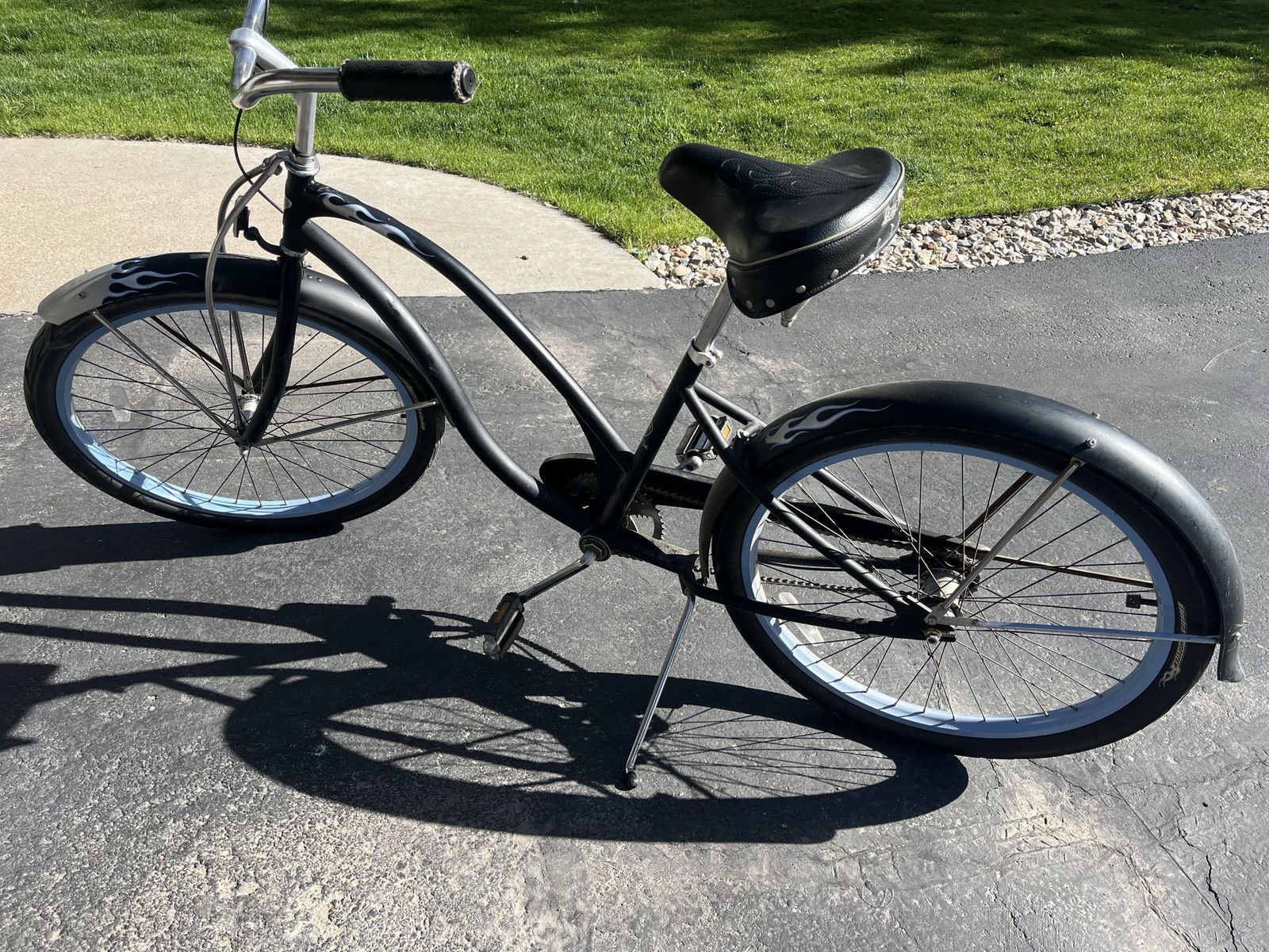 Black Rat Rod Cruiser Bike with Blue Rims and Flame Decals