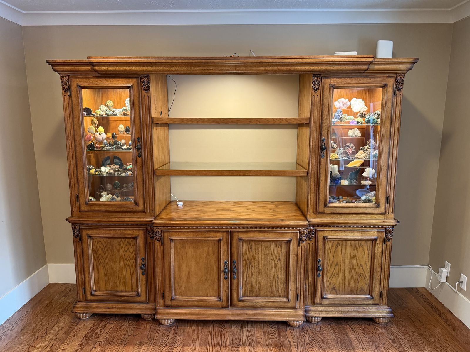 Large Oak Entertainment Center with Glass Display Cabinets and Storage