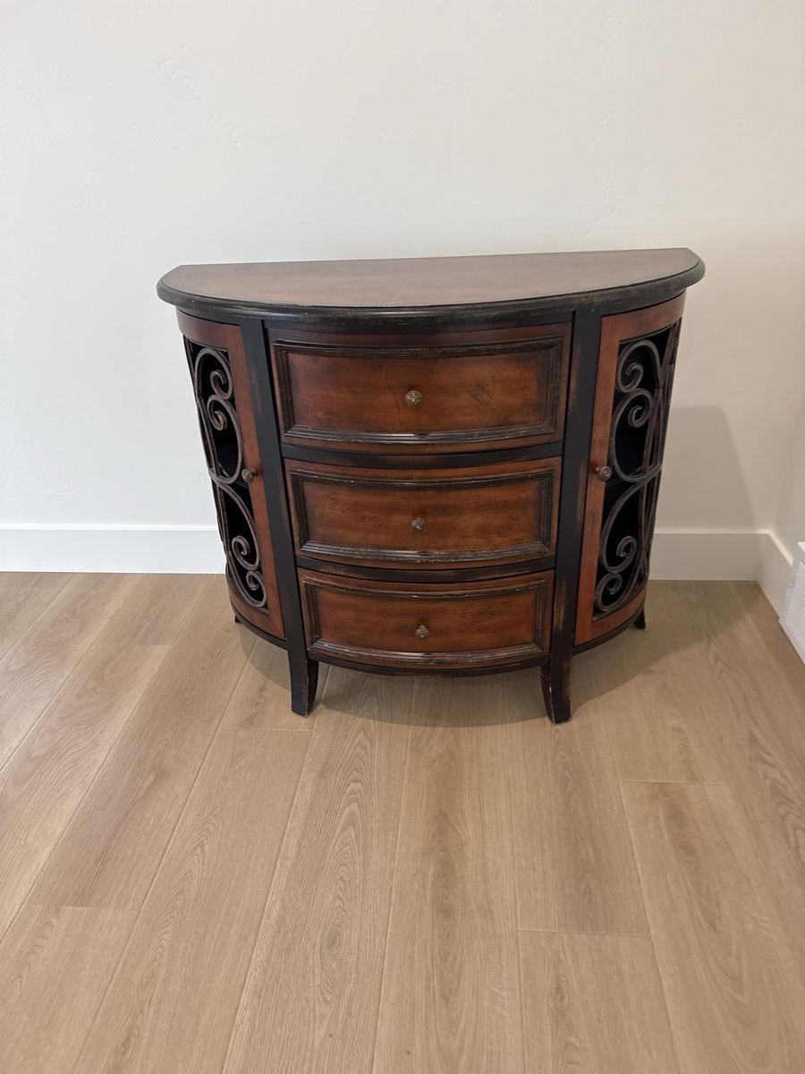 Elegant Half-Moon Console Table with Iron Scrollwork and 3 Drawers