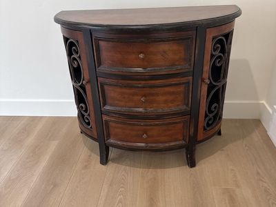 Elegant Half-Moon Console Table with Iron Scrollwork and 3 Drawers