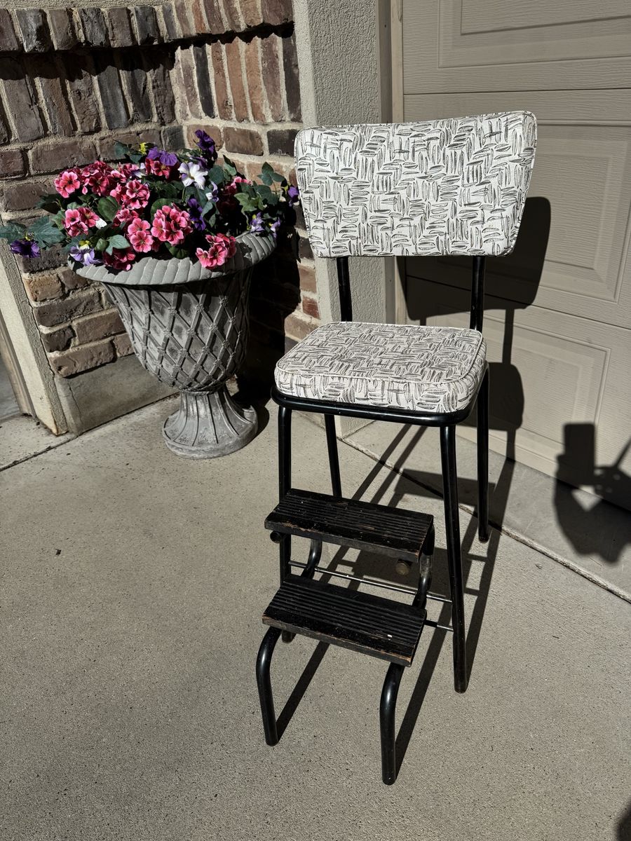Vintage Metal Step Stool Chair with Patterned Upholstered Seat and Back