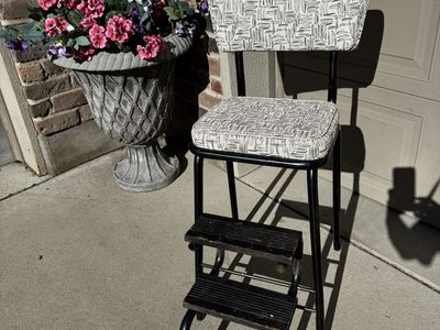 Vintage Metal Step Stool Chair with Patterned Upholstered Seat and Back