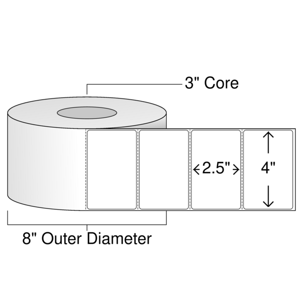 4" x 2.5" Thermal Roll Labels - 3" Core / 8" Outer Diameter - Product RL943DT, 4 rolls