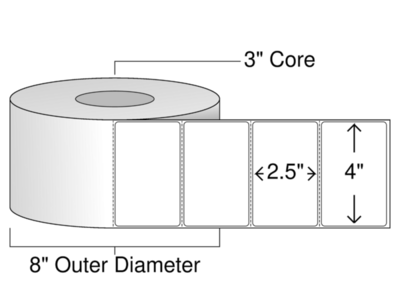 4" x 2.5" Thermal Roll Labels - 3" Core / 8" Outer Diameter - Product RL943DT, 4 rolls