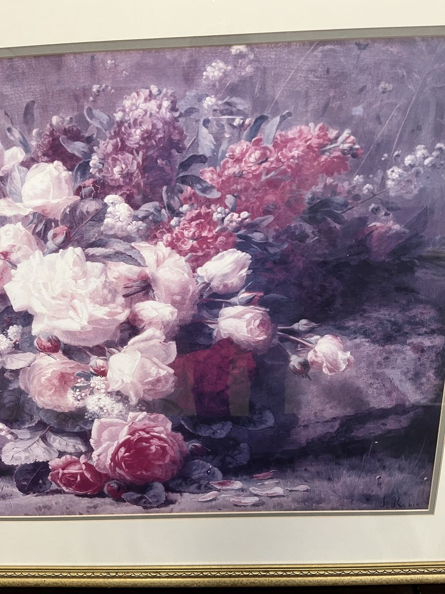 Bouquet of Pink Roses and Scented Stocks-Large Picture -Gold Frame