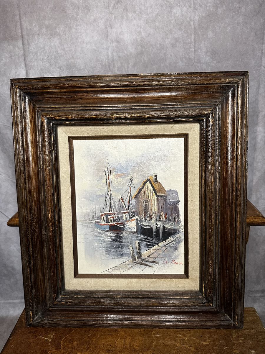 Vintage Harbor Painting w/ Wood Frame
